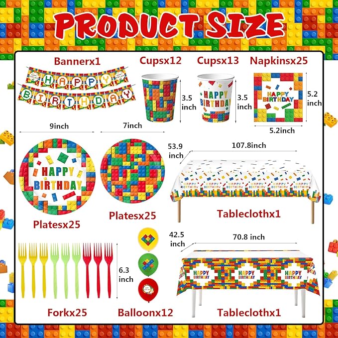 Building Block Party Plates Building Block Birthday Party Supplies Decorations Serve 25 including Disposable Paper Plates Napkins, Cups, Forks, Tablecloth, Happy Birthday Banner, and Balloons