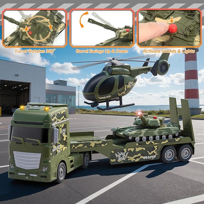 Green Military Large Truck Toys,21" Semi Army Truck Toy with Helicopters & Tank, Friction Powered Vehicles with Lights and Sounds,Christmas Birthday Gift for Kids Boys Girls Toddlers 3 4 5 6 7
