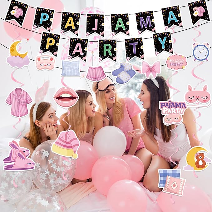 Pajama Party Decorations - Pajama Party Banner with Hanging Swirl Sleepover Party Supplies for Girls Slumber Party Favors Birthday Night Out