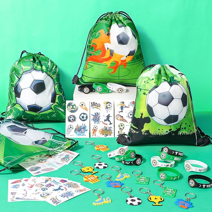 Winrayk 12 Sets Soccer Party Favors Sports Birthday Supplies, Drawstring Bag Silicone Bracelet Keychain Tattoo Sticker, Goodie Stuffer Pinata Filler Teen Kids Boys Soccer Birthday Party Decorations
