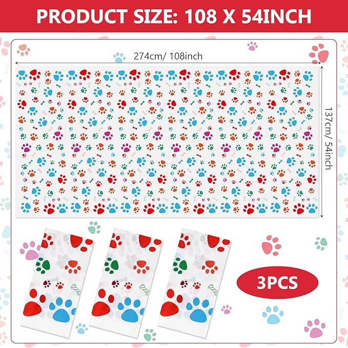 Tegeme 3 Pcs Puppy Paw Print Tablecloth 54 x 108 Inch Plastic Disposable Dog Paw Print Table Cover Colorful Dog Cat Decorations for Pet Party Birthday Baby Shower Supplies