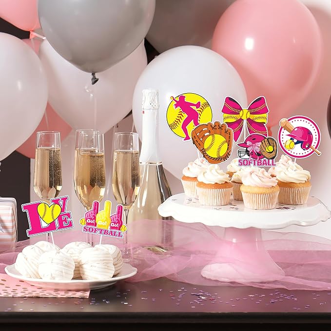 Softball Cupcake Toppers Decorations - 24 Pcs Sports Theme Birthday Cup Cake Topper Picks, Pink Yellow Baseball Sport Table Decor, Softball Holiday Party Supplies for Girls Kids Teens Women