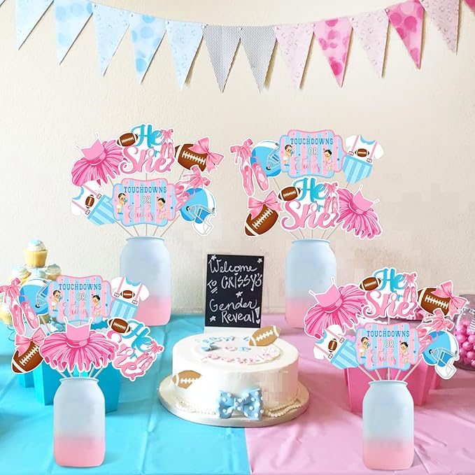 24pcs Touchdowns or Tutus Gender Reveal Centerpieces Stick Touchdowns or Tutus Gender Reveal Party Supplies Pink and Blue Touchdowns or Tutus Table Toppers Table Centerpiece for Boy or Girl