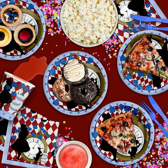 Alice in Wonderland Birthday Party Supplies Set - Alice in Wonderland Decorations - Alice in Wonderland 1st Birthday - Birthday Party for Girl | Tableware Includes Plates Napkins and Cups | Kit for 16
