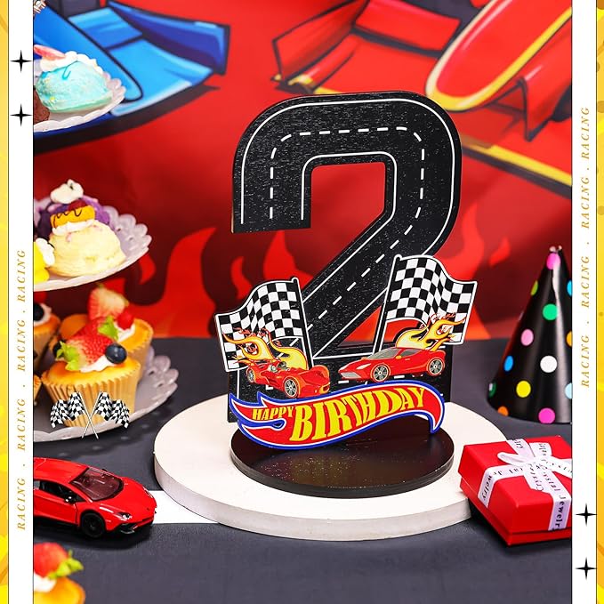 Race Car 2nd Birthday Number Sign Centerpiece Race Car Theme 2nd Birthday Party Supplies Wooden Table Decoration Photo Props for Boys Two Years Old