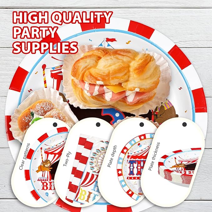 96Pcs Carnival 3rd Birthday Party Decorations Christmas Carnival Circus Third Birthday Plates and Napkins Tableware Sets Circus Theme Decoration for Kids Baby Shower Three Years Old Supplies Serves 24
