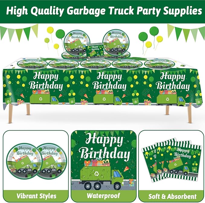 61 Pcs Garbage Truck Birthday Decorations Green Trash Party Tableware Rubbish Recycling Themed Supplies Plates Napkins Tablecloth for Birthday Parties Waste Management Celebrations Serves 20 Guests