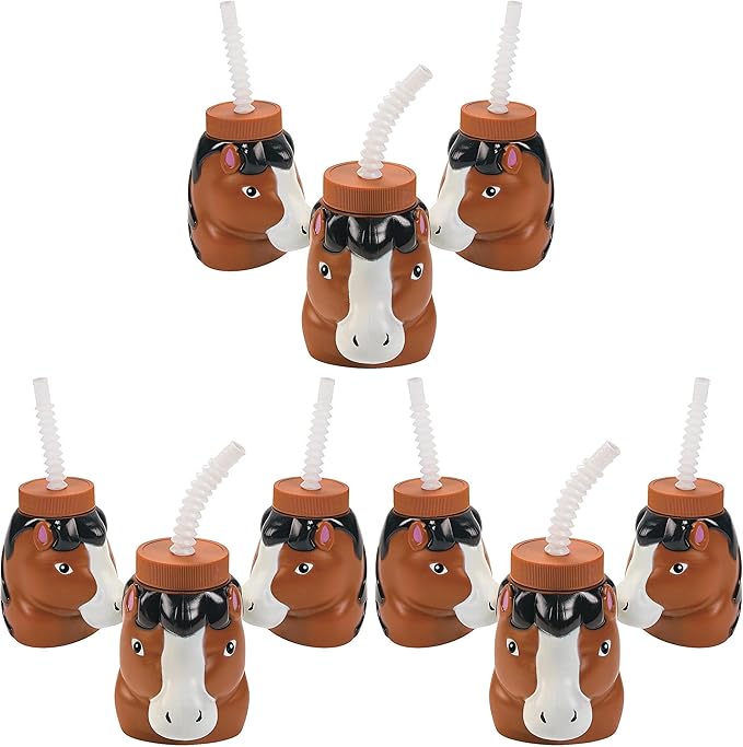 Fun Express Set of 8 Pieces Horse Shaped Cups with Lids & Straws, 4" Cups with 7.5" Straws, Holds 14 oz, BPA Free Plastic, Party Supplies and Favors for Kids, Multi-Color (Pack of 3)