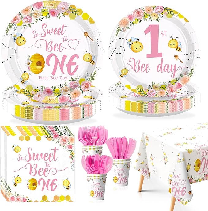 170Pcs Pink Bee 1st Birthday Party Supplies Honey First Theme Plates and Napkins Tableware Sets So Sweet to Bee One Birthday Party Decorations for Girls One Year Old Party,Serves 24
