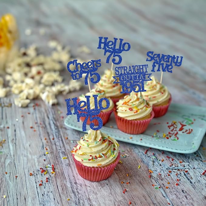 Ephlyn 24Pcs 75th Birthday Cupcake Toppers Glitter Straight Outta 1951 Cupcake Picks Hello 75 Cheers to 75 Years Cake Decorations for 75th Birthday Anniversary Party Decorations Supplies Blue