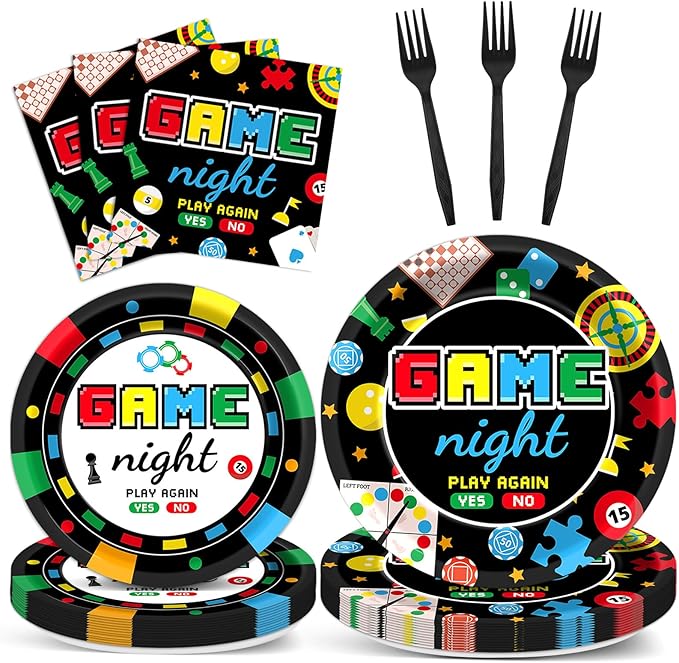 96Pcs Family Game Night Plates and Napkins Gaming Party Supplies Family Game Paper Plates Disposable Paper Plate Napkins Forks for Kids Adults Families Gamer Birthday Gaming Night Party Decorations