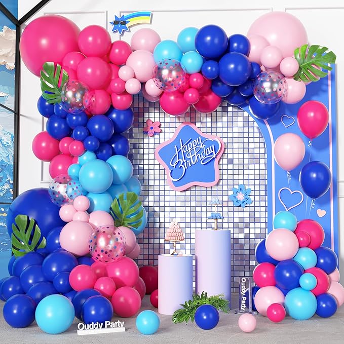 170Pcs Blue and Pink Balloons Arch Garland Kit, Royal Light Blue Hot Pink Confetti Balloons for Kid Summer Hawaii Tropical Gender Reveal Baby Shower Cartoon Themed Birthday Party Decorations Supplies