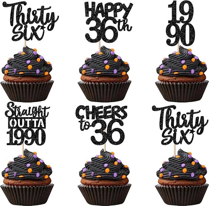 30PCS Black 36th Birthday Cupcake Toppers Glitter Thirty Six Happy 36th Straight Outta 1990 Cupcake Picks for Cheers to 36 Years Birthday Wedding Anniversary Party Cake Decorations Supplies