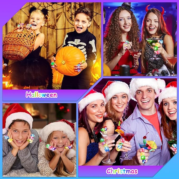 Party Favors 100 Pcs Light Up Rings, Glow In The Dark Party Supplies, 6 Style Flashing Glow In The Dark Rings for Adults & Kids, LED Ring for Birthday, Concert, Raves, Halloween, Christmas