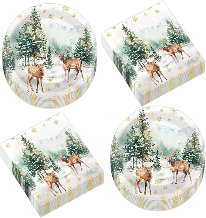 50Pcs Christmas Reindeer Paper Plates and Napkins Watercolor Deer Snow Pine Trees Snowflakes Table Decoration Winter Woodland Disposable Tableware Set 25 Guests Xmas Holiday Birthday Party Supplies