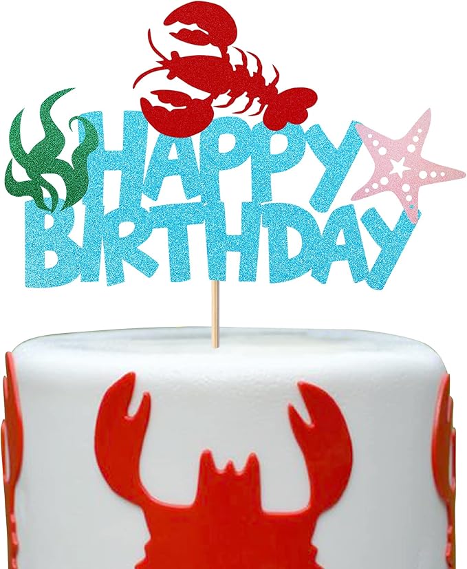 1 Pack Crawfish Happy Birthday Cake Topper Glitter Lobster Starfish Seaweed Theme Birthday Cake Pick for Baby Shower Birthday Ocean Party Cake Decoration Supplies Blue