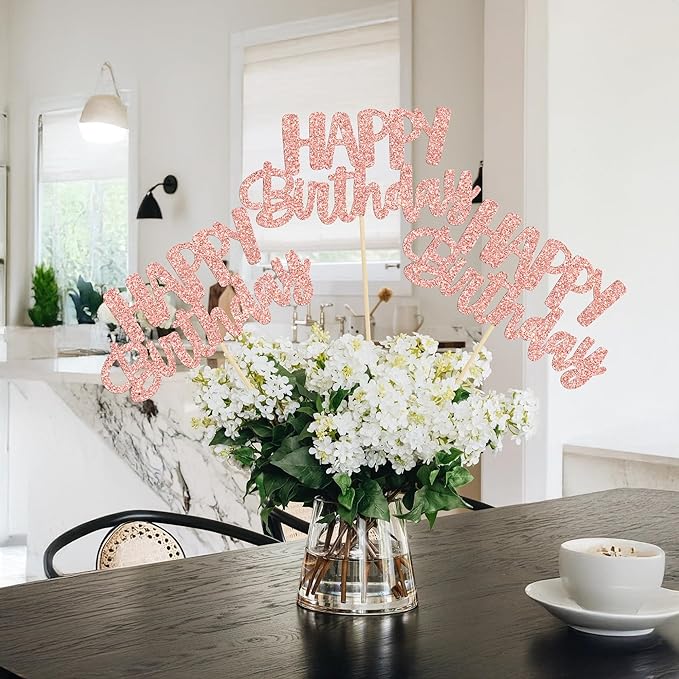 Gyufise 12Pcs Happy Birthday Centerpieces Sticks Double Sided Glitter Birthday Party Decorations Anniversary Table Flower Centerpiece for Celebrating Party Supplies Rose Gold
