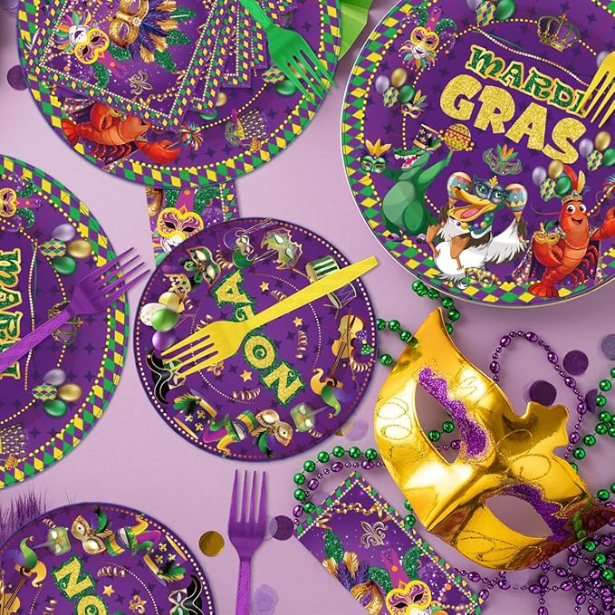 96Pcs Carnival Nola Paper Plates Napkins Forks Carnival Theme Party Decorations Tableware Set Mask Fat Tuesday Party Supplies Serve 24 Guests