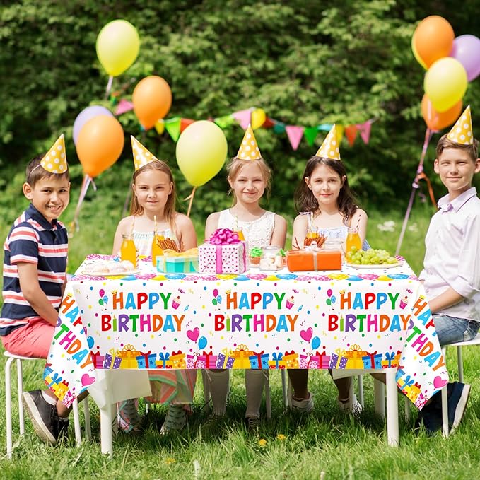 WNINK 3 Pack Happy Birthday Plastic Tablecloths, 54×108 Inch Disposable Waterproof Birthday Party Table Covers, Colorful Polka Dot Rectangle Tablecloths for Kids Boys Girls Birthday Decorations
