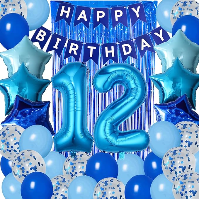 12th Birthday Decorations for Boys Blue 12th Happy Birthday Banner Party Supplies Number 12 Balloons Fringe Curtain 12 Years Old Bday Party Supplies Kit for Him Her Girls (Blue)