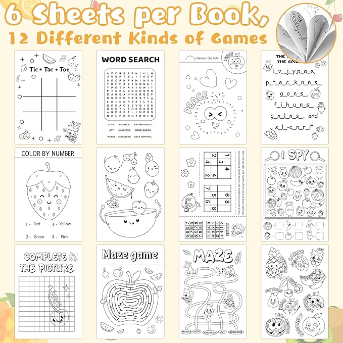 24Pcs Religious Fruit Activity Books for Kids - Mini Fun Games Coloring Book Bulk Party Favors Goodie Bags Stuffers for Birthday Classroom School Students Rewards Supplies