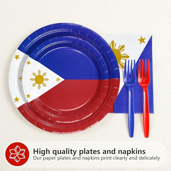 96Pcs Philippines Flag Party Supplies Philippine National Flags Plates and Napkins Philippine Independence Day Tableware Set for National Events Patriotic Festival Decorations，Serves 24