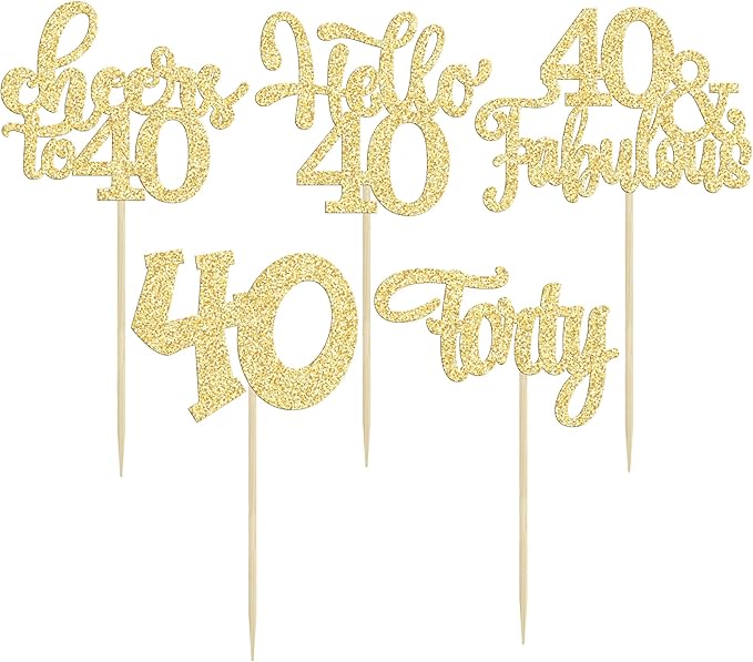 30pcs Happy 40th Birthday Cupcake Toppers - Gold Glitter Forty Cheers to 40 Years Old Cupcake Picks for Anniversary Party Cake Decorations