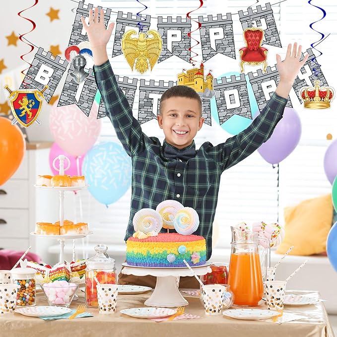 25 Pieces Medieval Birthday Banner Castle Party Supplies Knight Birthday Decorations Medieval Whirls Hanging Decorations Stone Wall Shield Armour Shield for Party Supplies