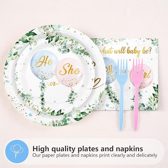 Grencian 96 Pcs Baby Gender Reveal Party Supplies Balloon Baby Shower Plates and Napkins Tableware Set He or She Gender Reveal Party Decorations for Boy or Girl Birthday Baby Shower Party Serves 24