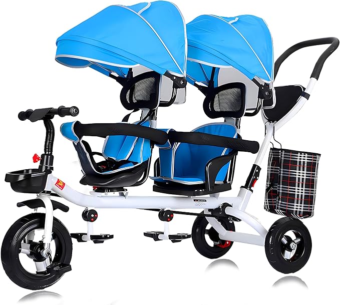 Kids Tricycle - 4 in 1 Double Seat Children'S Tricycle, Toddler Pushchair, Detachable Canopy, Folding Pedals, Reversible Seat, Removable Guardrail, Suitable for 1 to 6 Years Old Children,Blue