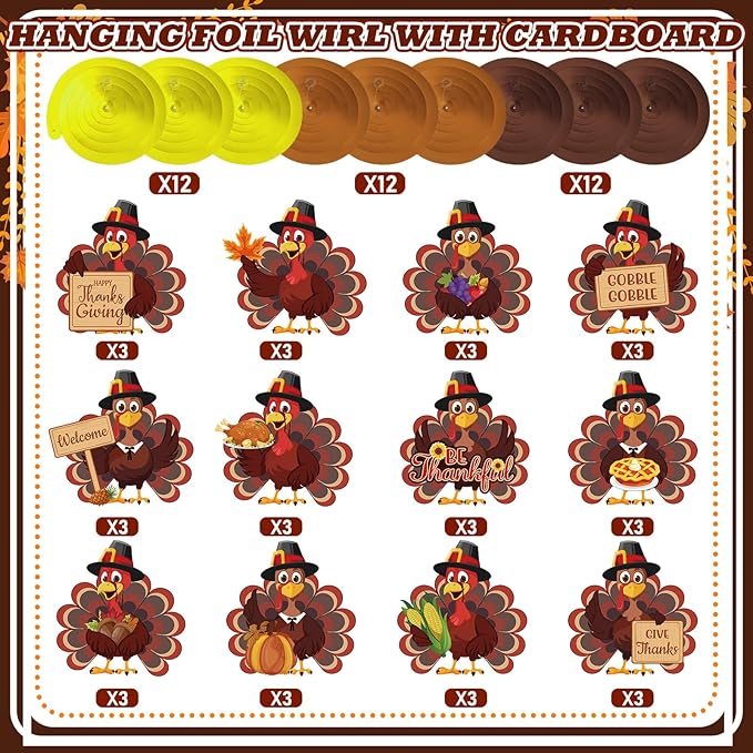 Spakon 72 Pcs Thanksgiving Turkey Hanging Swirl Decoration Thanksgiving Party Decoration Brown Thankful Gobble Turkey Ceiling Decor for Office Home Birthday Fall Harvest Party Favors Supplies