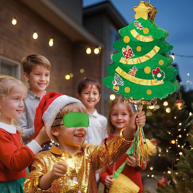 WERNNSAI Christmas Tree Piñata - Christmas Decorations XmasTree Party Game for Kids Festival Party Decor Supply Green Tree Design Merry Xmas Favor Pull String with Blindfold Bat 16.5” x 12.4”