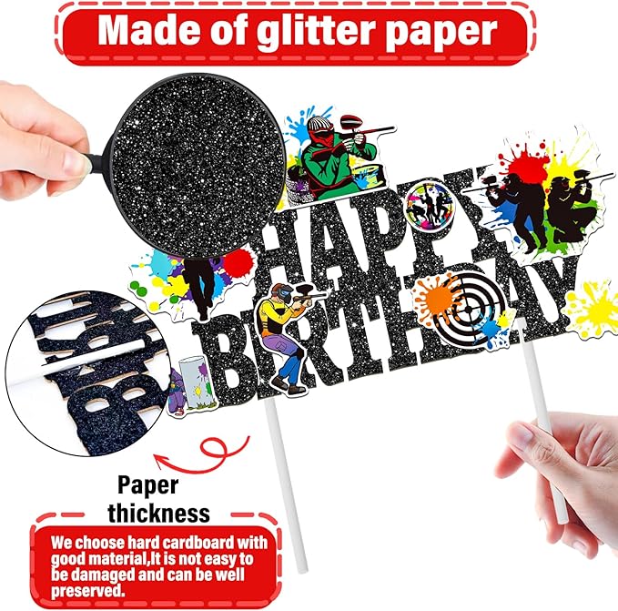 Paintball Birthday Cake Topper Glitter Black Paintball Birthday Party Decorations Paintball Themed Splatter Splash Cake Picks Decor for Paint Ball Shooting Game Sport Party Supplies