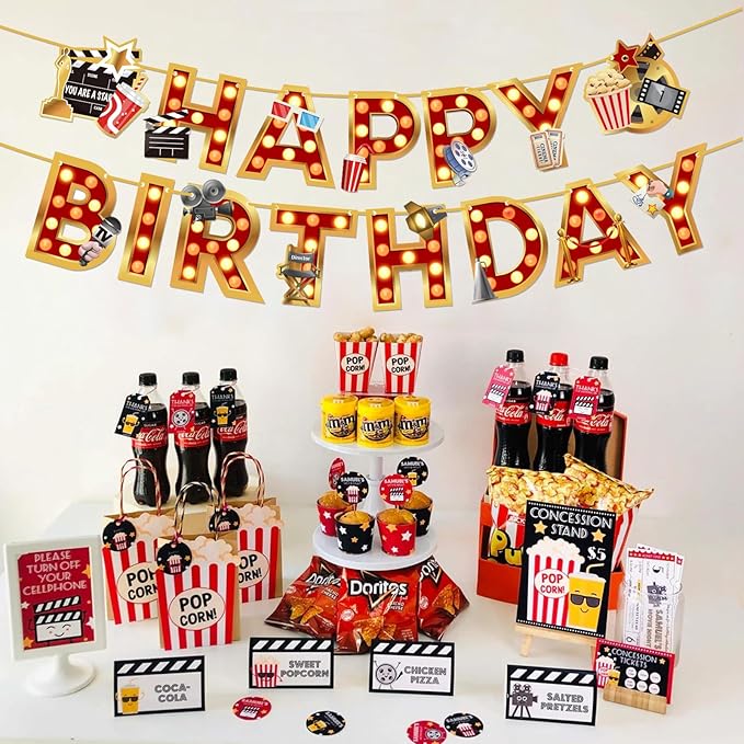 Zwiebeco Movie Night Happy Birthday Banner Film Themed Sign Hanging Paper Party Decoration for Hollywood Cinema Accessories Supplies Favors