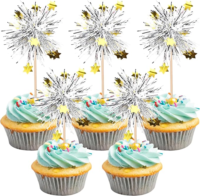 30 PCS Foil Firework Cupcake Toppers Happy Birthday Star Cupcake Picks Sparkle Tinsel Drink Stirrers Cocktail Fruit Toothpicks for Valentine's Day Wedding Birthday Party Decorations Supplies Silver