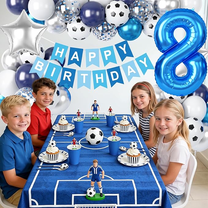 Soccer Birthday Party Decoration for Boys, 8th Soccer Birthday Decoration with Blue White Silver Balloons 'HAPPY BIRTHDAY' Banner 32in Foil 8 Balloon for Boy Kids Birthday Baby Shower Decor