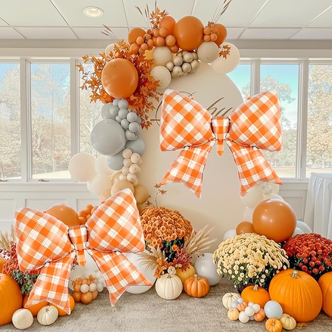 4Pcs Orange White Gingham Bow Balloons for The Life of A Showgirl Party/Tay*lor Sunset Coastal Birthday, Glam Showgirl Era Decor/Picnic Outdoor BBQ, Racing Party, Checkered Foil Bows