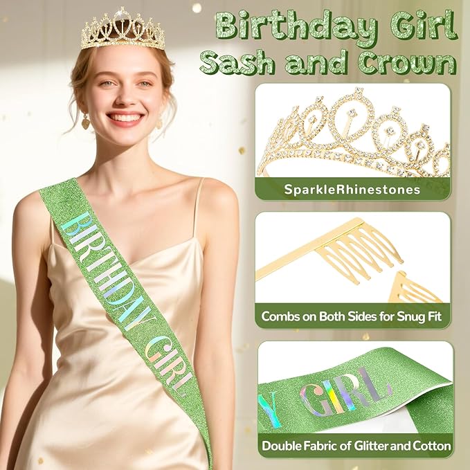 Sage Green Birthday Decorations for Women Girls, 44Pcs Nude Retro Green Party Supplies Include Birthday Girl Sash Crown Banner Fringe Curtain for Women Birthday Decorations