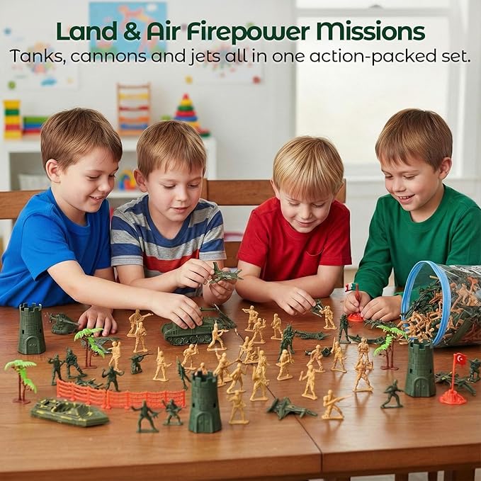 3 otters 307 Piece Army Men Military Set, Military Battle Toy Set Play Figure Playsets for Kids Boys, Plastic Soldiers with Vehicles & Accessories, for Grandkids, with Storage Container