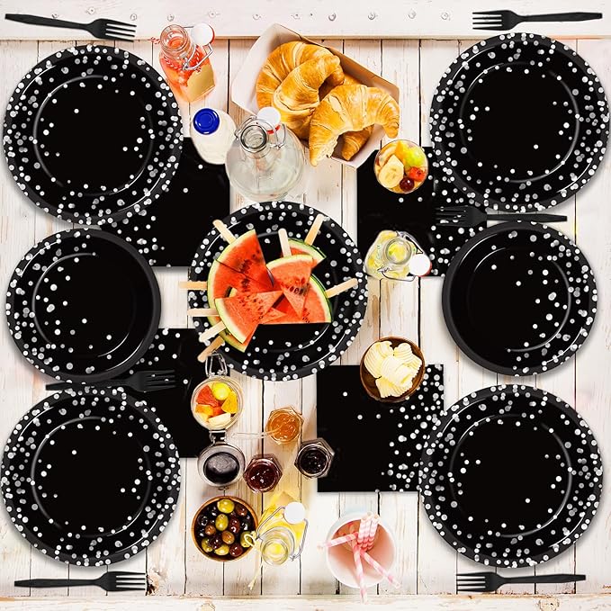 gisgfim 96 Pcs Black and Silver Party Supplies Paper Plates Napkins Silver Dot on Black Party Birthday Tableware Kit Black and White Birthday Decorations Favors Serves 24, MM1220