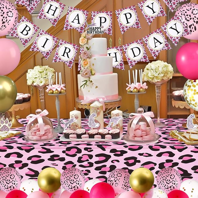 Civaner 51 Pieces Pink Cheetah Birthday Decorations Including Cheetah Birthday Banner Theme Balloons Leopard Cake Topper Safari Animal Print Tablecloth and Ribbon for Baby Shower Party Supplies