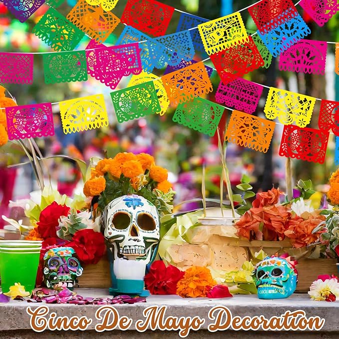 Boao 8 Packs 120 Feet Cinco De Mayo Party Decorations Mexican Banner Fiesta Plastic Papel Picado Banner Garland Dia De Los Muertos Day of The Dead Hanging Decor Mexican Fiesta Birthday Party Supplies