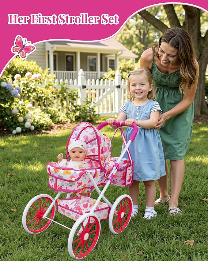 JIZHI Baby Doll Stroller Set with 12 Inch Dolls, 27-Piece Foldable Doll Stroller with Baby Doll Accessories for Pretend Play, Feeding & Bedding Playset Gift for Kids 3+