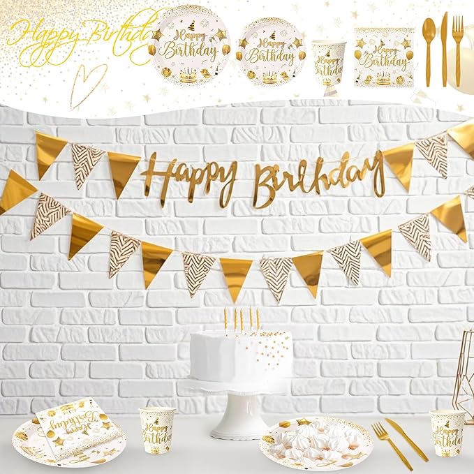 Vesici 350 Pcs Happy Birthday Party Supplies Disposable Party Tableware Set Serves 50 Included Plates Napkins Cups Cutlery for Men Woman 50th 80th Birthday Party Decorations(White Gold)