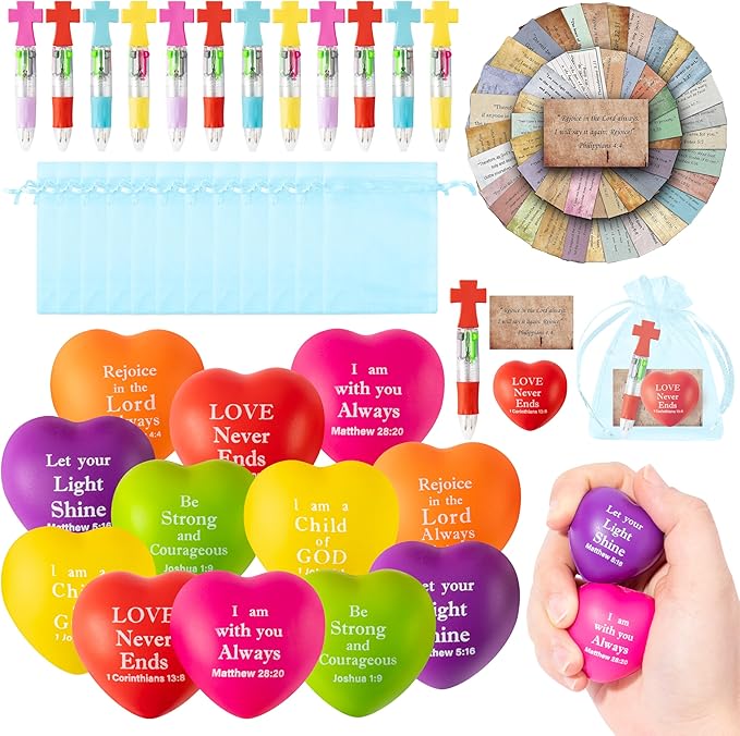CY2SIDE 12 Pack Easter Christian Bible Verse Heart Squeeze Balls Gift Set with Ballpoint Pen Religious Bible Sticker, Mini Heart Foam Ball for Kid Classroom Exchange, Easter Goodie Bag Stuffers Supply