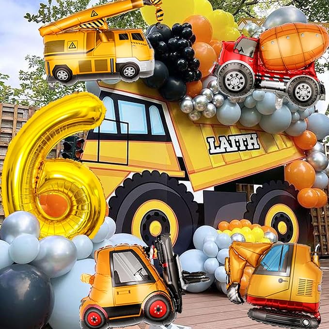 Construction Birthday Party Supplies 6 Year Old, Large Construction Balloons 40Inch Gold Number 6 Balloons Construction Truck Foil Balloons for Boys 6th Construction Birthday Party Decorations
