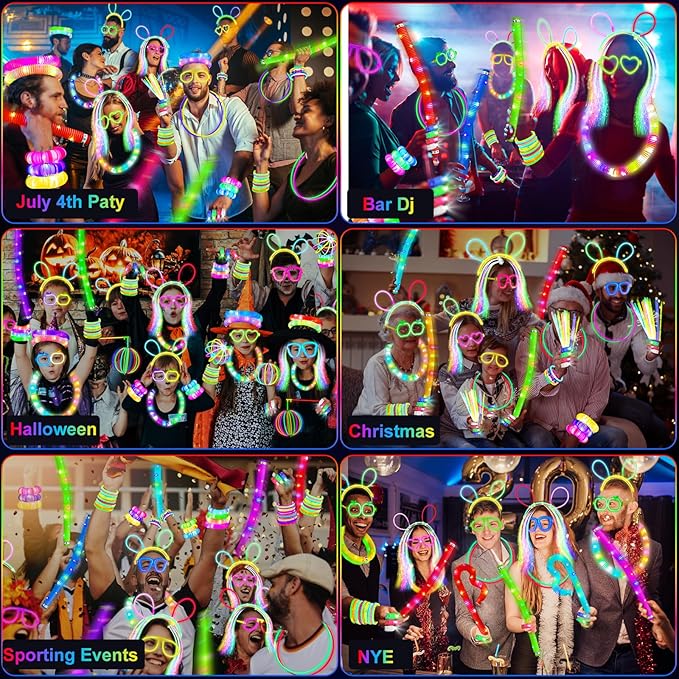 Party Supplies, Glow in the Dark Party Favors for Adults Kids, 27 Carnival Accessories, 56 LED Light Up Toys Bulk, 100 Glow Sticks Party Pack, Neon Party Supplies & Decorations