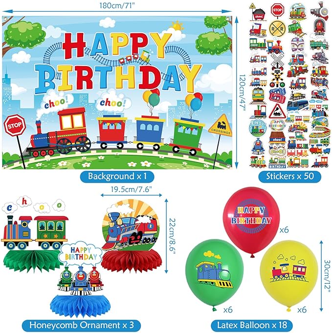 Train Party Decorations , Includes Happy Birthday Banner, Cake Toppers, Birthday Backdrop, Train Stickers, Balloons, Honeycomb Centerpieces, for Train Party Vehicle Party Supplies