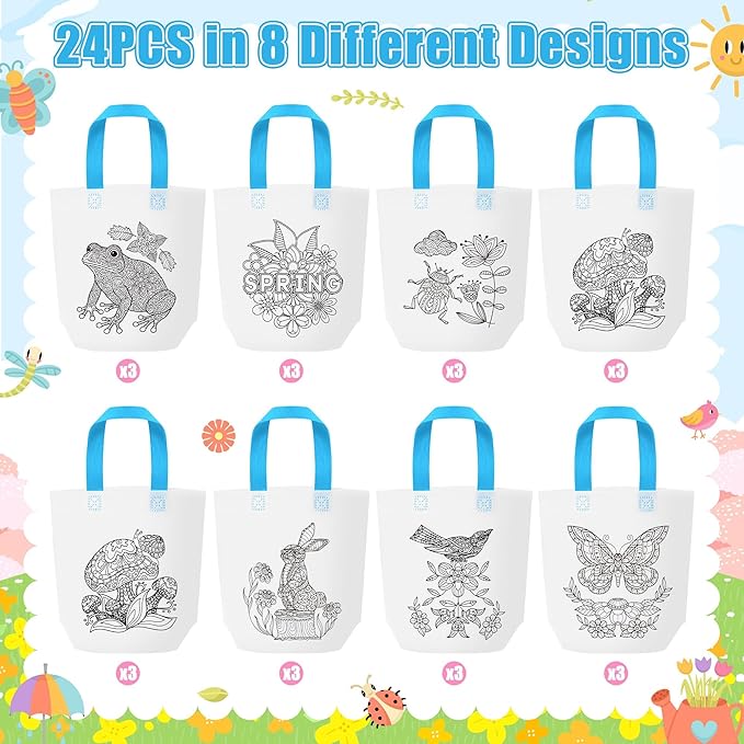 Spring Coloring Goodie Bags for Kids - 24Pcs Mandala Theme Bulk Color Your Own Gift Bags with Handle Butterfly Bunny Reusable Non Woven Coloring Tote Packet for DIY Painting Spring Easter Holiday Gift
