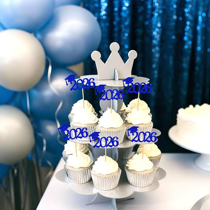 24 Pcs graduation cupcake toppers 2026, Food/Appetizer Picks For Graduation Party Mini Cake Decorations, 2026, Cupcake Toppers(Blue)